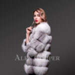 Women’s super stylish custom real fox fur paragraph winter coat in white-grey new side view