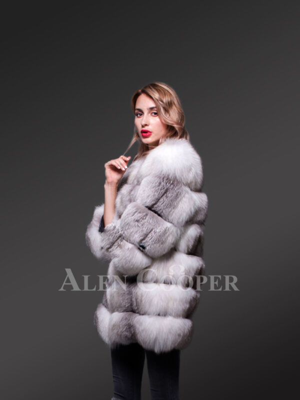 Women’s super stylish custom real fox fur paragraph winter coat in white-grey new side view
