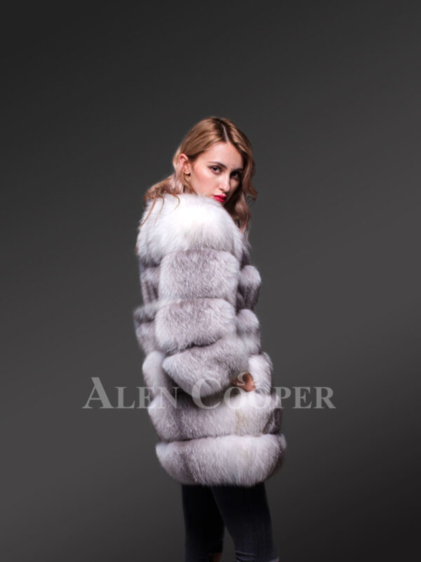 Women’s super stylish custom real fox fur paragraph winter coat in white-grey new sideview