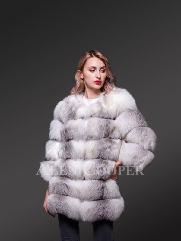 Women’s super stylish custom real fox fur paragraph winter coat in white-grey new views