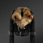 Iconic black super stylish real leather asymmetrical zipper closure biker jacket for women with raccoon fur collar new