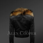 Iconic black super stylish real leather asymmetrical zipper closure biker jacket for women with raccoon fur collar new back side view