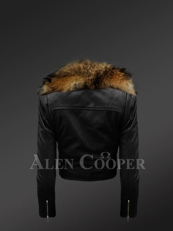 Iconic black super stylish real leather asymmetrical zipper closure biker jacket for women with raccoon fur collar new back side view