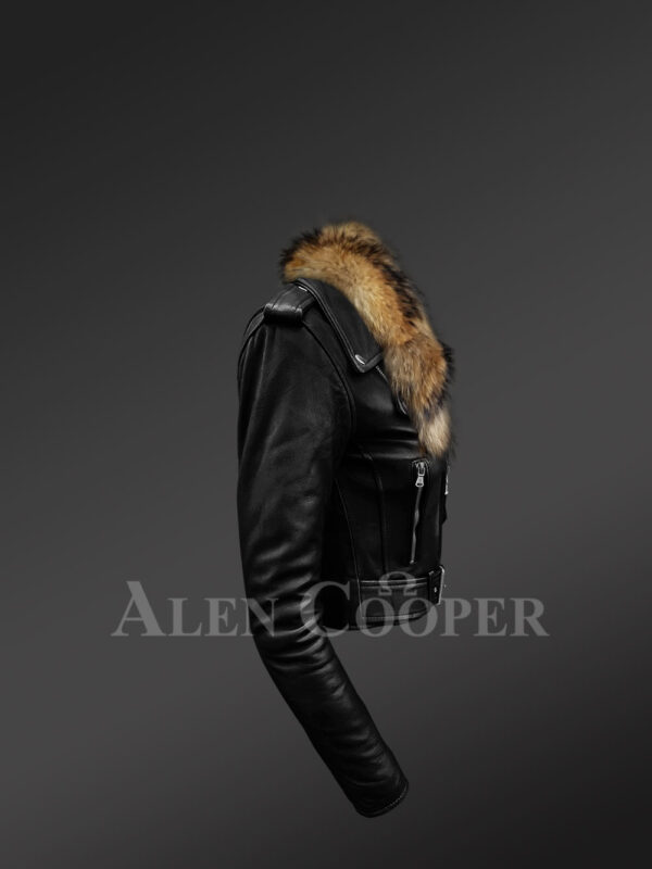Iconic black super stylish real leather asymmetrical zipper closure biker jacket for women with raccoon fur collar new side view