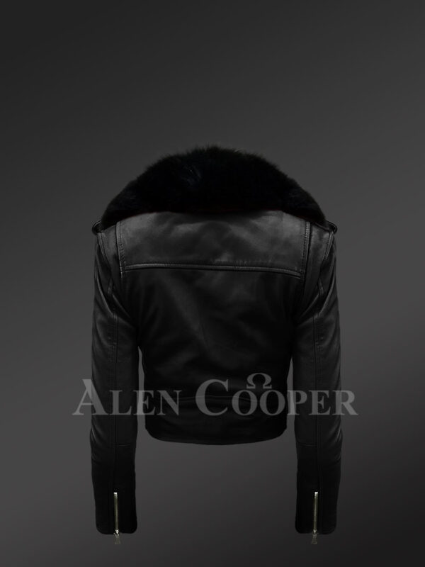 New Super stylish and trendy real leather black biker jacket with pure black fox fur collar back side view