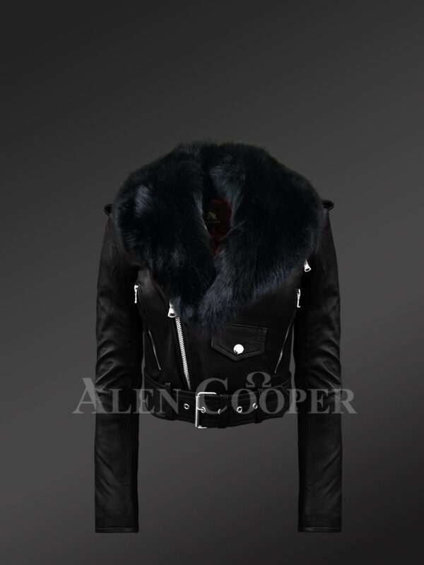 Super stylish and trendy real leather black biker jacket with pure black fox fur collar New