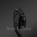 Super stylish and trendy real leather black biker jacket with pure black fox fur collar New side view