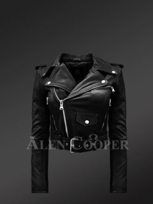 Women’s short length real leather black biker jacket with asymmetrical zipper closure new