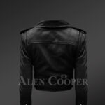 Women’s short length real leather black biker jacket with asymmetrical zipper closure new Back side view