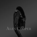 Women’s short length real leather black biker jacket with asymmetrical zipper closure new side view