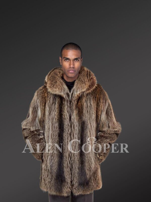Men mid-length casual real raccoon fur winter outerwear with protective collar new