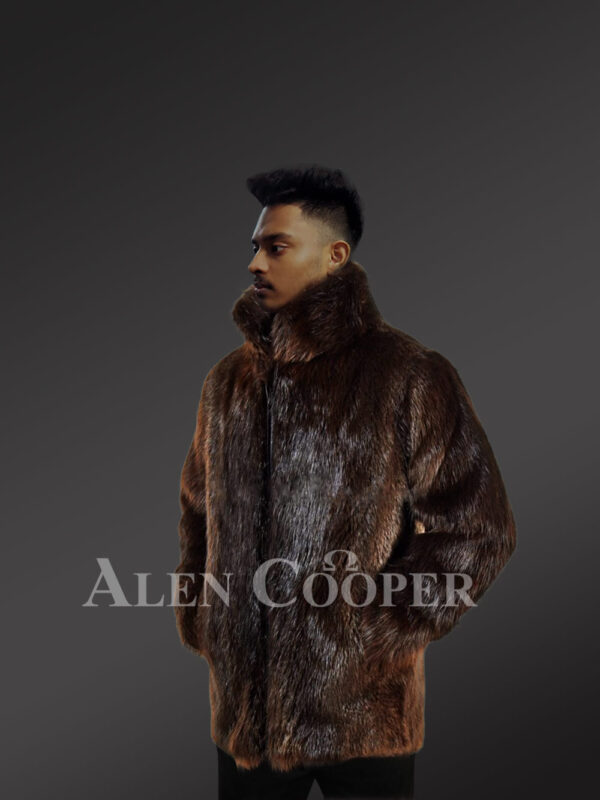 Mens silky Beaver fur mid-length winter coat with protective collar new view