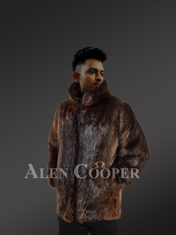 Mens silky Beaver fur mid-length winter coat with protective collar new views