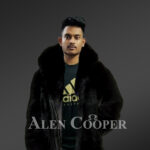 Men’s over-sized soft and voluminous real fox fur winter coat in black new