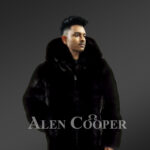 Men’s over-sized soft and voluminous real fox fur winter coat in black new view