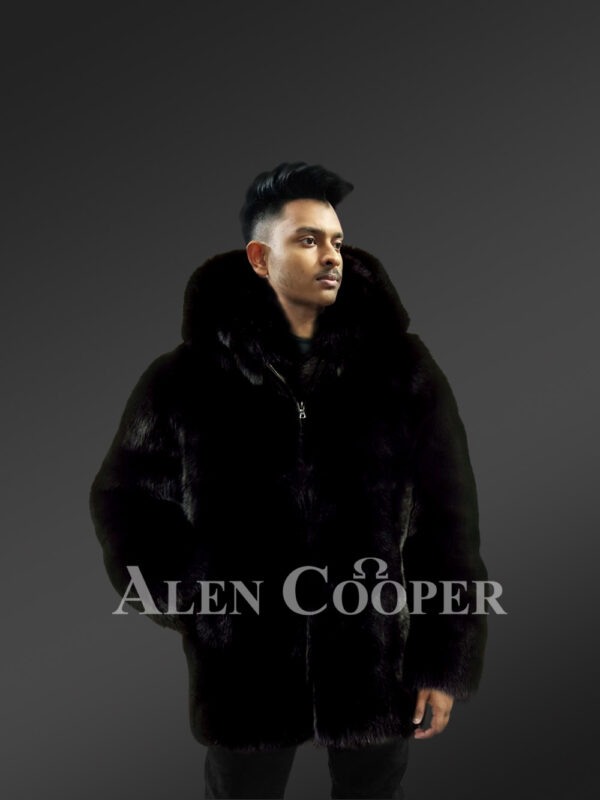 Men’s over-sized soft and voluminous real fox fur winter coat in black new view