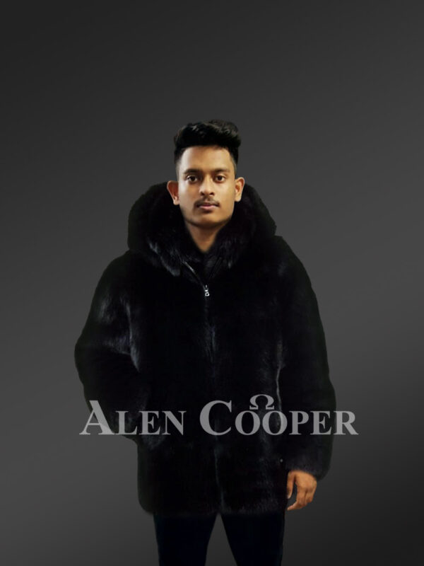 Men’s over-sized soft and voluminous real fox fur winter coat in black new views