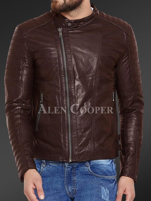 Men’s pure leather jacket with stylish asymmetrical zipper closure and quilted sleeves Coffee