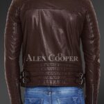 Men’s pure leather jacket with stylish asymmetrical zipper closure and quilted sleeves Coffee back side view