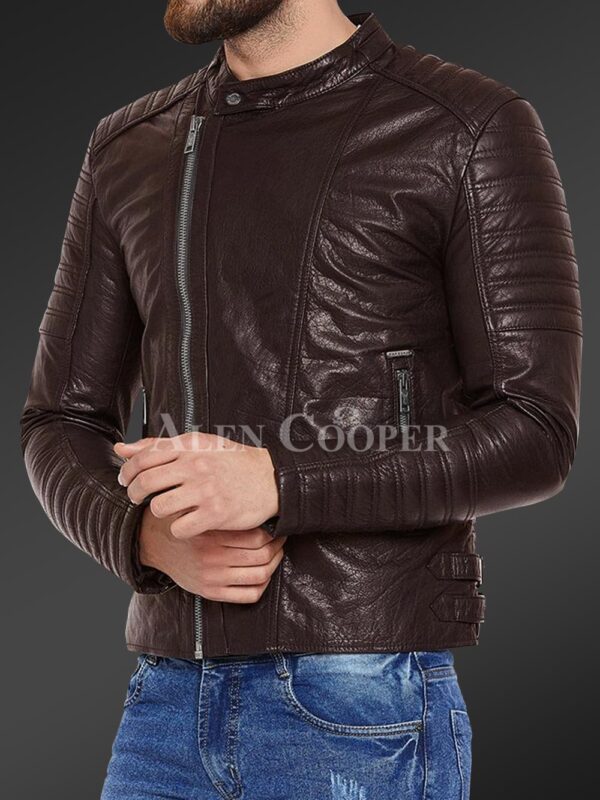 Men’s pure leather jacket with stylish asymmetrical zipper closure and quilted sleeves Coffee side view