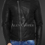 Men’s pure leather jacket with stylish asymmetrical zipper closure and quilted sleeves New