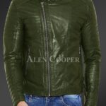 Men’s pure leather jacket with stylish asymmetrical zipper closure and quilted sleeves New In Olive