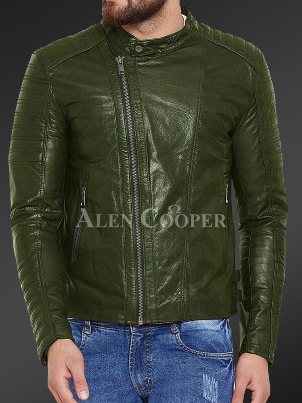 Men’s pure leather jacket with stylish asymmetrical zipper closure and quilted sleeves New In Olive