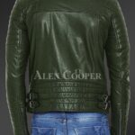 Men’s pure leather jacket with stylish asymmetrical zipper closure and quilted sleeves New In Olive back side view