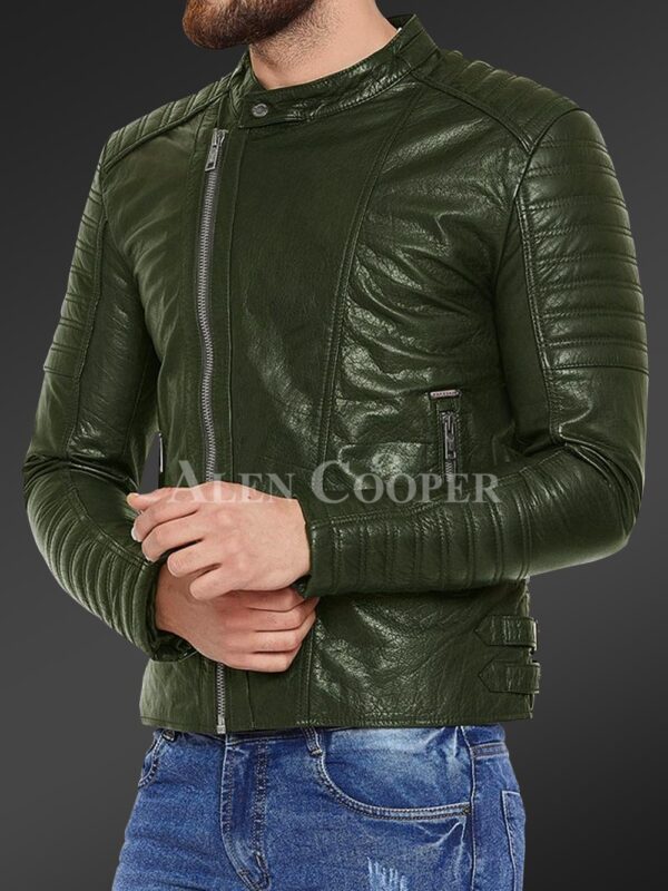 Men’s pure leather jacket with stylish asymmetrical zipper closure and quilted sleeves New In Olive side view