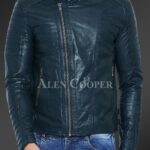 Men’s pure leather jacket with stylish asymmetrical zipper closure and quilted sleeves New In navy