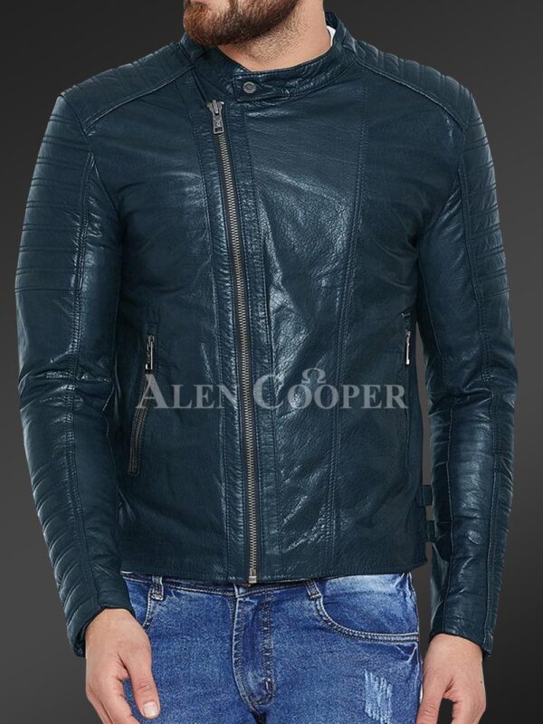Men’s pure leather jacket with stylish asymmetrical zipper closure and quilted sleeves New In navy