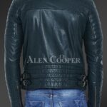 Men’s pure leather jacket with stylish asymmetrical zipper closure and quilted sleeves New In navy back side view