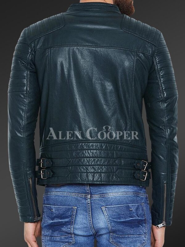 Men’s pure leather jacket with stylish asymmetrical zipper closure and quilted sleeves New In navy back side view