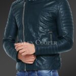 Men’s pure leather jacket with stylish asymmetrical zipper closure and quilted sleeves New In navy side view