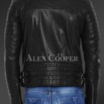 Men’s pure leather jacket with stylish asymmetrical zipper closure and quilted sleeves New back side view