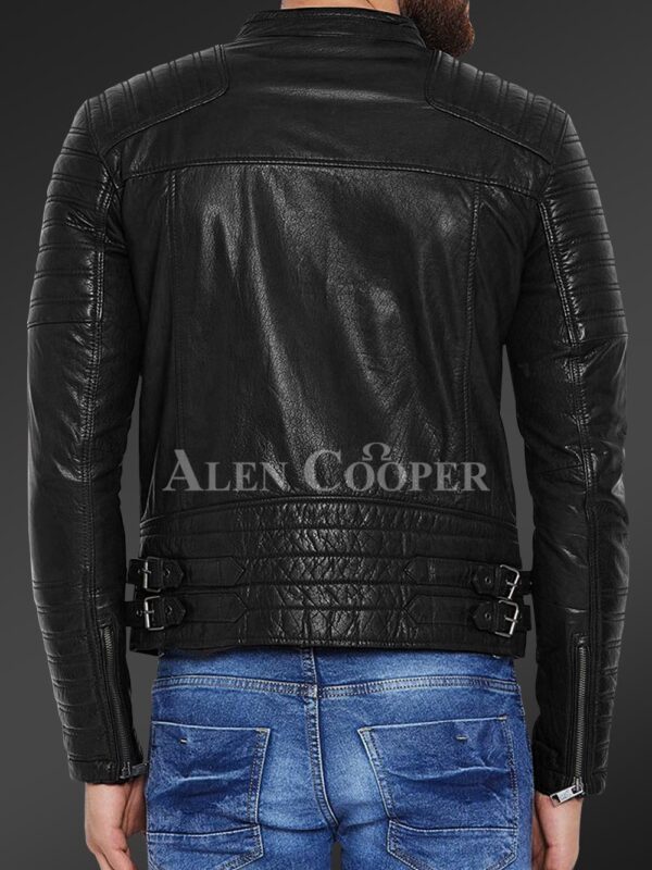 Men’s pure leather jacket with stylish asymmetrical zipper closure and quilted sleeves New back side view