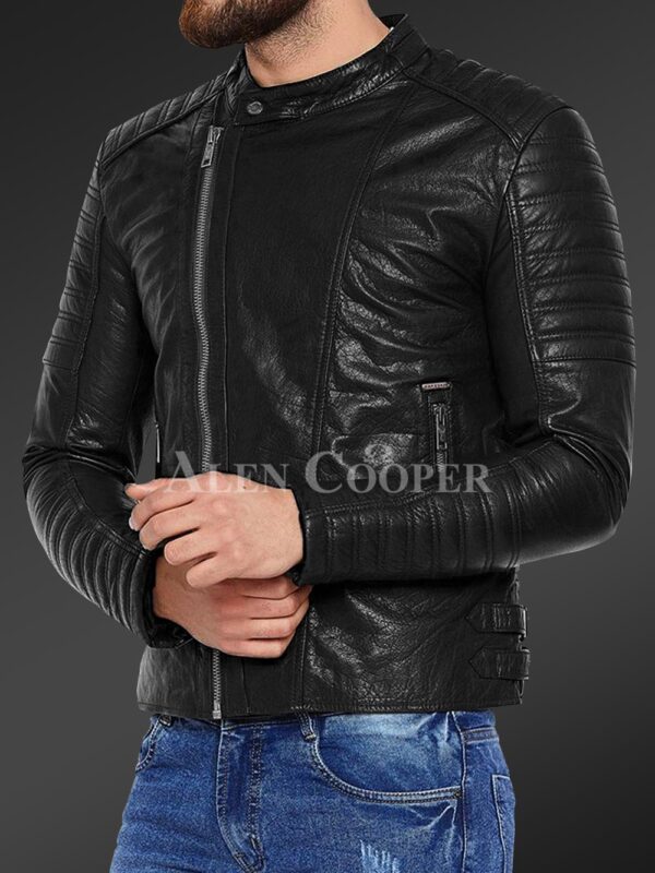 Men’s pure leather jacket with stylish asymmetrical zipper closure and quilted sleeves New side view