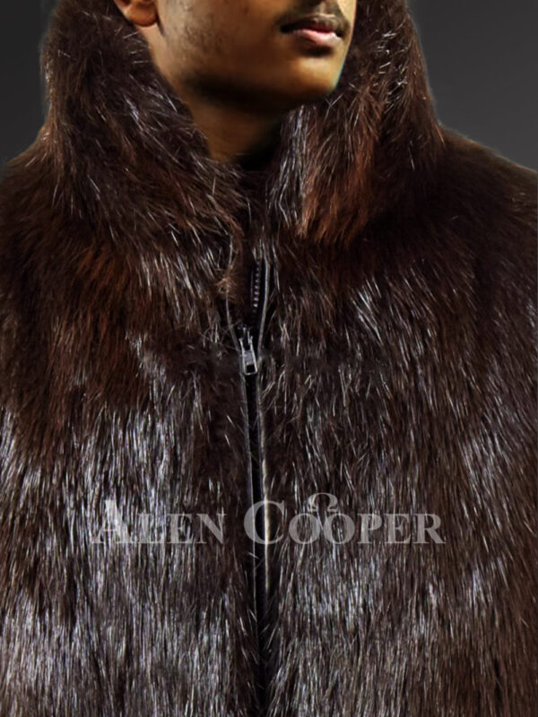 Men’s silky Beaver fur mid-length winter coat with protective collar new close view