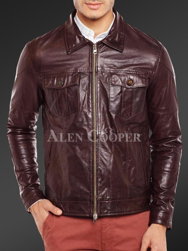 New Luxury super shiny real leather jacket for men In Coffee