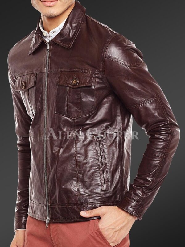 New Luxury super shiny real leather jacket for men In Coffee side view