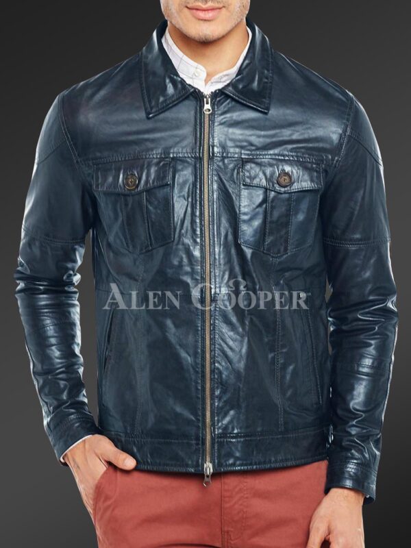 New Luxury super shiny real leather jacket for men In Navy