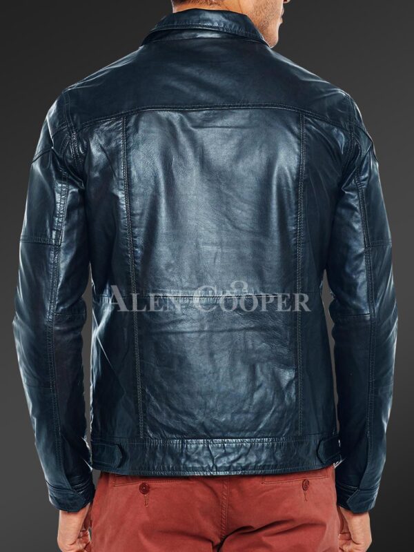 New Luxury super shiny real leather jacket for men In Navy back side view
