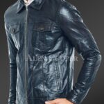 New Luxury super shiny real leather jacket for men In Navy side view