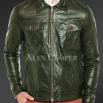 New Luxury super shiny real leather jacket for men In Olive