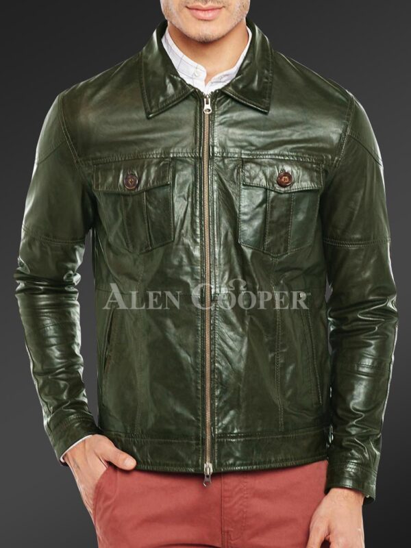 New Luxury super shiny real leather jacket for men In Olive