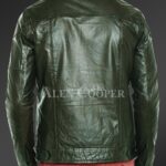 New Luxury super shiny real leather jacket for men In Olive back side view