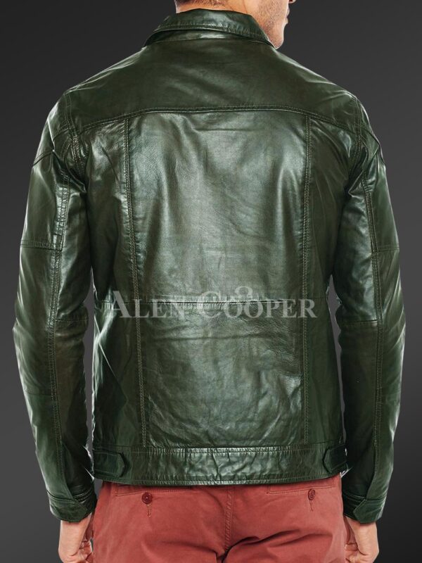 New Luxury super shiny real leather jacket for men In Olive back side view