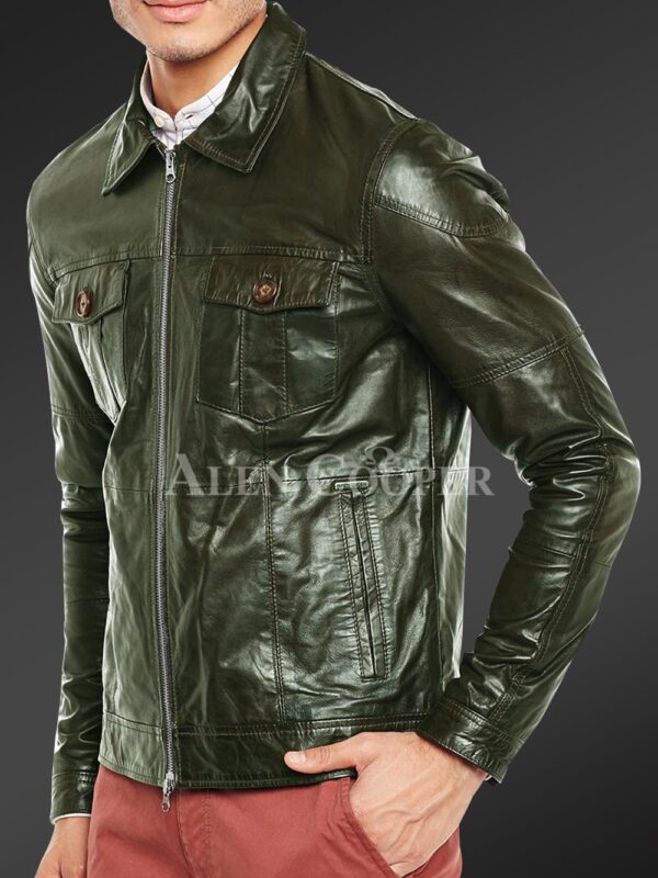 New Luxury super shiny real leather jacket for men In Olive side view