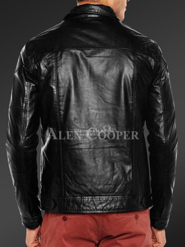 New Luxury super shiny real leather jacket for men In black back side view