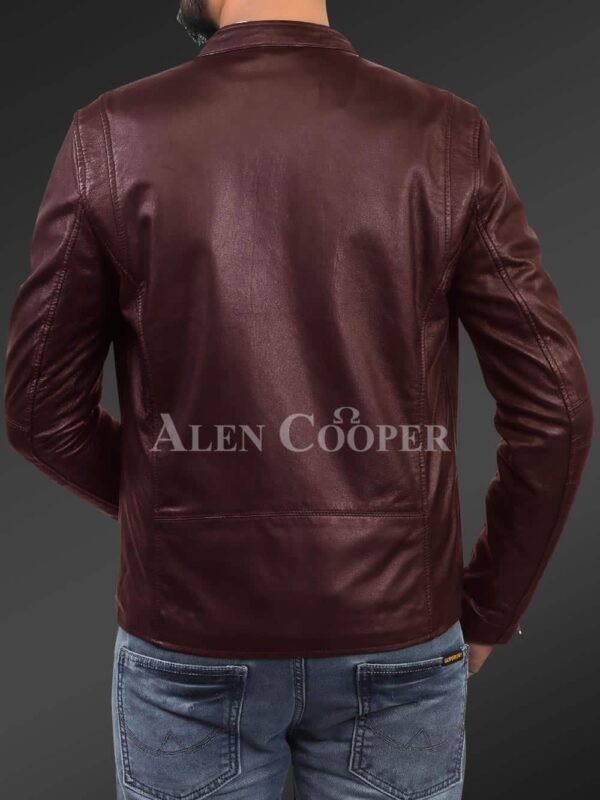 New Men’s comfortable real leather jacket in Coffee back side view